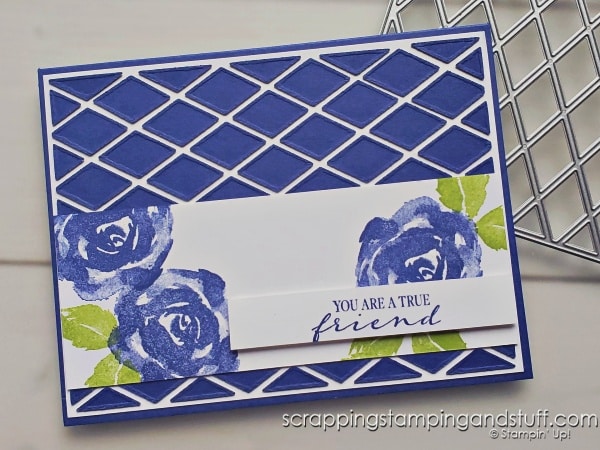 Inspire your creativity by taking a look at 8 ways to use one single die! Background layover dies have much versatility! Stampin Up True Beauty bundle