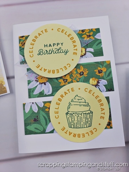 Click to see 7 simple card layouts using a circle punch. Samples feature the Stampin Up Circle Sayings bundle.