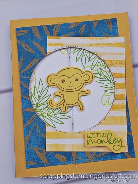 Click to see how to create an interactive spinner card with whirling and spinning pieces when the recipient opens it! Samples feature the Stampin Up Little Monkey bundle!