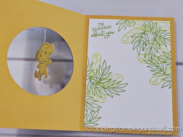 Click to see how to create an interactive spinner card with whirling and spinning pieces when the recipient opens it! Samples feature the Stampin Up Little Monkey bundle!