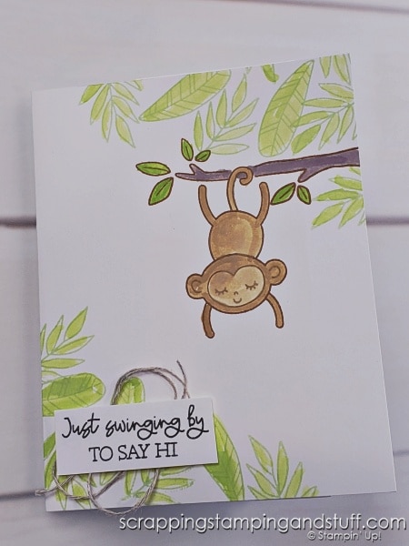 Click to see how to create an interactive spinner card with whirling and spinning pieces when the recipient opens it! Samples feature the Stampin Up Little Monkey bundle!