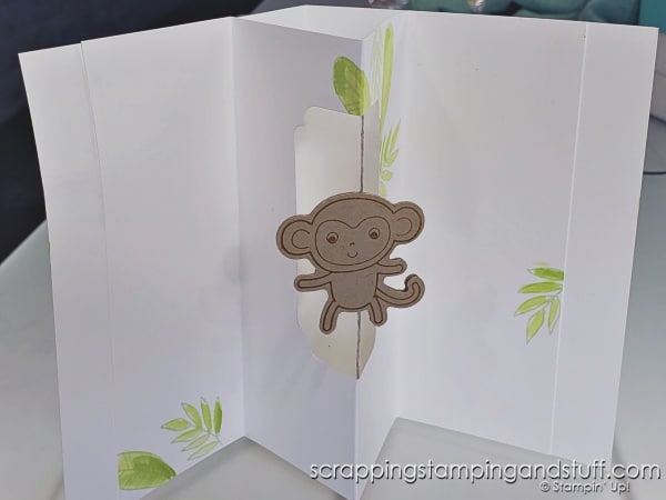 Click to see how to create an interactive spinner card with whirling and spinning pieces when the recipient opens it! Samples feature the Stampin Up Little Monkey bundle!