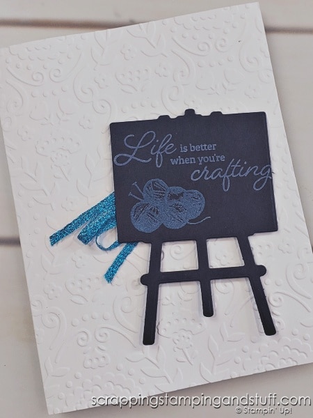 Click to see how to create chalkboard-inspired cards using black cardstock and white ink. Samples feature the Stampin Up Crafting With You bundle.