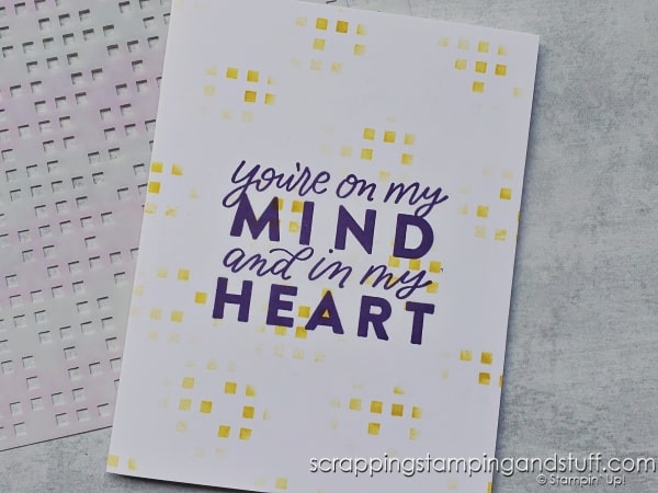 Have you tried this with your masks? Click to see 8 creative ways to use your blending brushes and masks along with finished cards using the Stampin Up Wanted To Say die set.