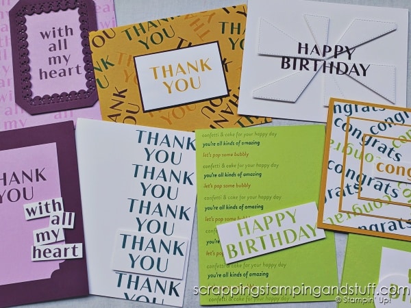 Here's a fun card making challenge - create a card using ONLY greeting stamps and paper! Click to see samples using the Stampin Up Phrases For All stamp set!