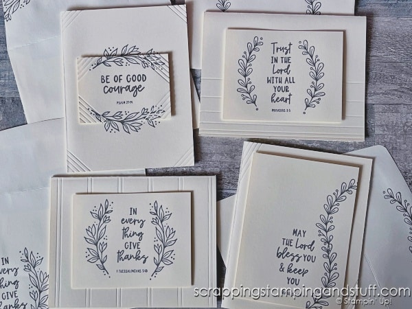 Take a look at this simple scoring technique which allows you to create stunning cards simply. Take a look at sample cards using Stampin Up Courage & Faith.