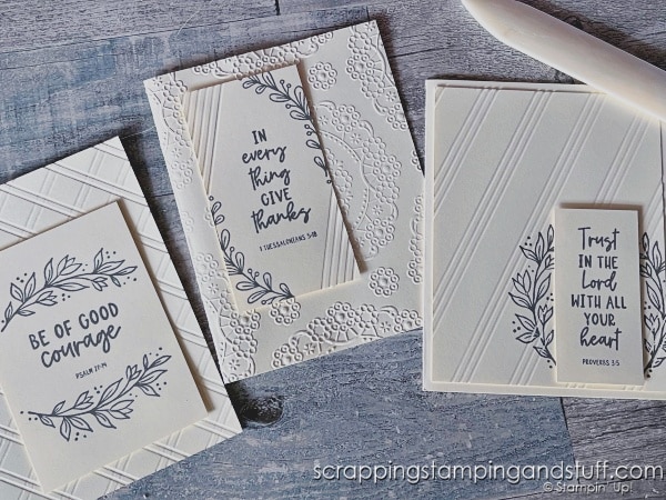 Take a look at this simple scoring technique which allows you to create stunning cards simply. Take a look at sample cards using Stampin Up Courage & Faith.