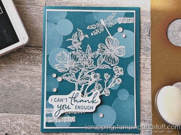 Click for simple instructions and video tutorial for using the bokeh technique for card making to create simple yet stunning cards! Samples feature Stampin Up Detailed Dogwood.