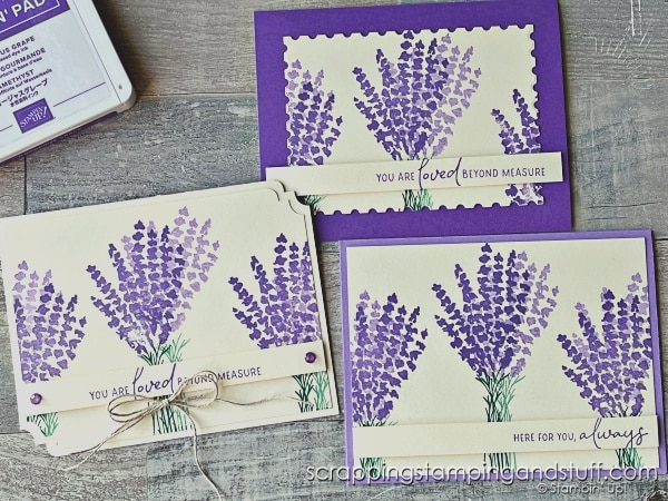 Click for details on making 9 gorgeous cards in just 20 minutes. These cards with Stampin Up Perennial Lavender are perfect for beginning through advanced stampers!