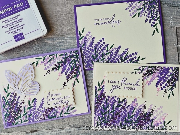 Click for details on making 9 gorgeous cards in just 20 minutes. These cards with Stampin Up Perennial Lavender are perfect for beginning through advanced stampers!