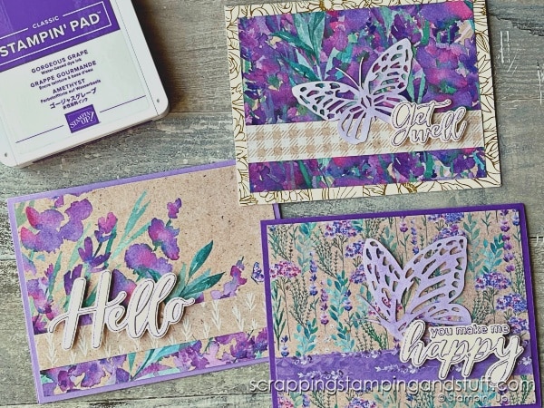 Click for details on making 9 gorgeous cards in just 20 minutes. These cards with Stampin Up Perennial Lavender are perfect for beginning through advanced stampers!