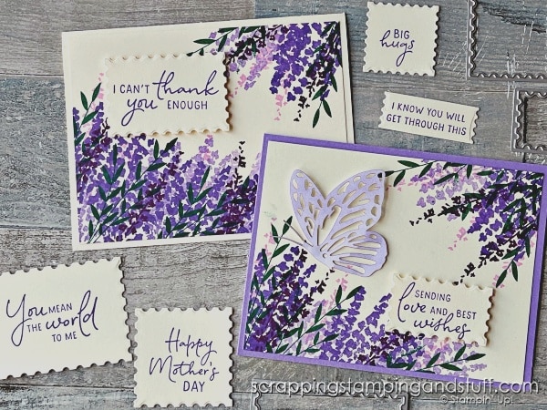 Click for details on making 9 gorgeous cards in just 20 minutes. These cards with Stampin Up Perennial Lavender are perfect for beginning through advanced stampers!