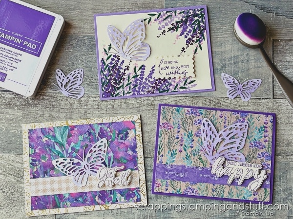 Click for details on making 9 gorgeous cards in just 20 minutes. These cards with Stampin Up Perennial Lavender are perfect for beginning through advanced stampers!