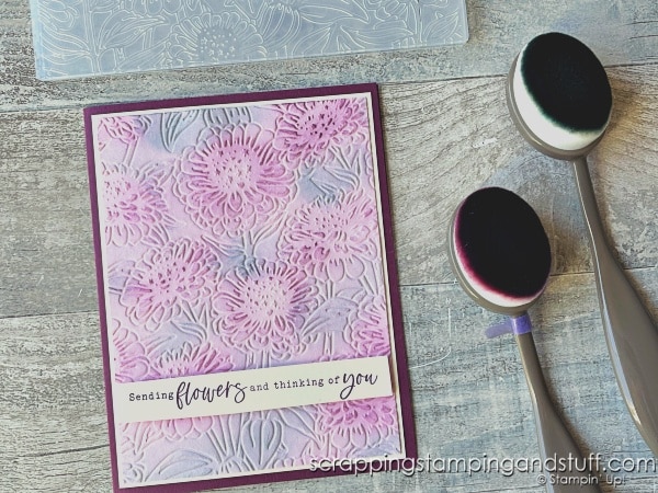 Click for 8 unique ways to use your blending brushes with embossing folder and die cuts! Cards feature Stampin Up Simply Zinnia