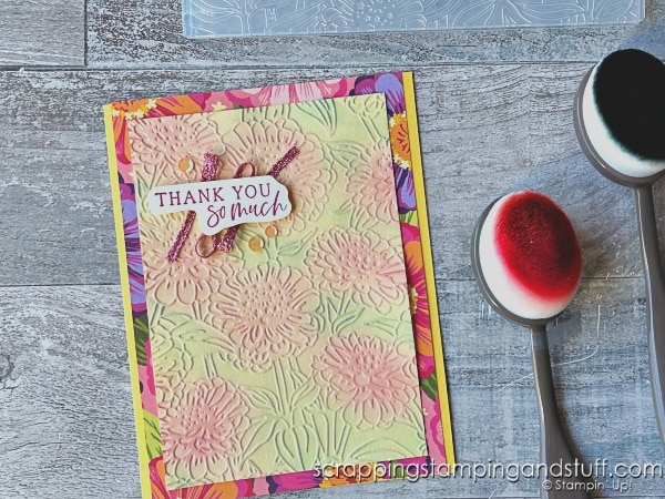 Click for 8 unique ways to use your blending brushes with embossing folder and die cuts! Cards feature Stampin Up Simply Zinnia