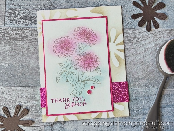 Click for 8 unique ways to use your blending brushes with embossing folder and die cuts! Cards feature Stampin Up Simply Zinnia