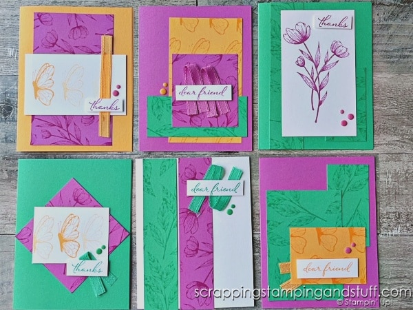 Try card making in a whole new way with this simple technique for mass producing beautiful cards. Cards feature the Stampin Up Spotlight On Nature stamp set.