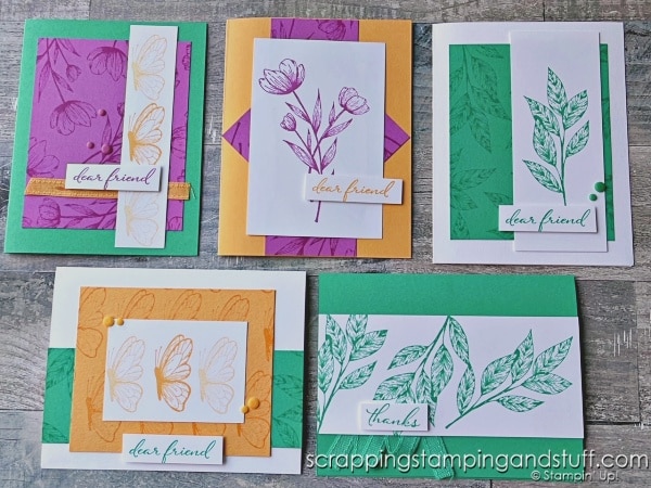 Try card making in a whole new way with this simple technique for mass producing beautiful cards. Cards feature the Stampin Up Spotlight On Nature stamp set.