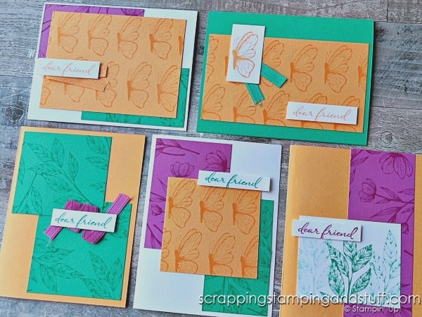 Try card making in a whole new way with this simple technique for mass producing beautiful cards. Cards feature the Stampin Up Spotlight On Nature stamp set.