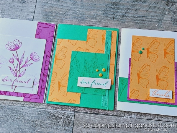 Try card making in a whole new way with this simple technique for mass producing beautiful cards. Cards feature the Stampin Up Spotlight On Nature stamp set.