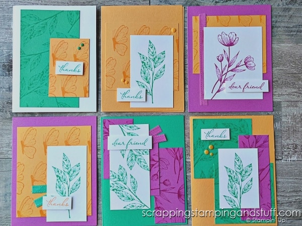 Try card making in a whole new way with this simple technique for mass producing beautiful cards. Cards feature the Stampin Up Spotlight On Nature stamp set.