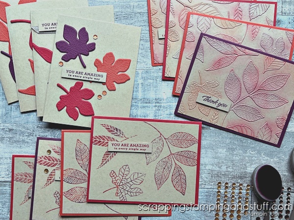 Click to see how I made 12 gorgeous cards in 30 minutes plus tips and tricks for making multiples! Featuring Stampin Up Changing Leaves.