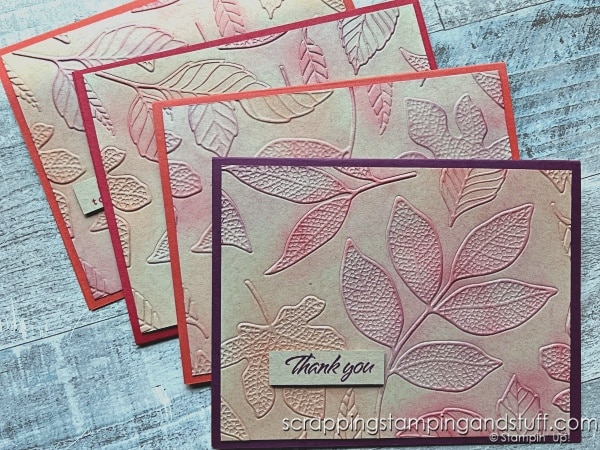 Click to see how I made 12 gorgeous cards in 30 minutes plus tips and tricks for making multiples! Featuring Stampin Up Changing Leaves.