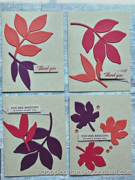 Click to see how I made 12 gorgeous cards in 30 minutes plus tips and tricks for making multiples! Featuring Stampin Up Changing Leaves.