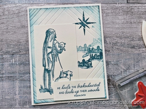 Click to see a simple scoring technique for making stunning cards! Cards feature the Stampin Up Shepherd's Care stamp set!