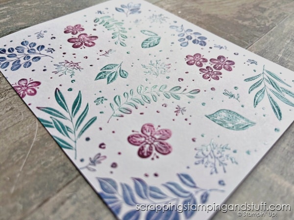 Try this gorgeous embossing technique today! Use the Stampin Up Botanical Beauty stamp, blending brushes with multiple colors of ink, and clear embossing powder for gorgeous results!