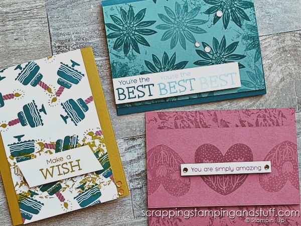 Click for a fun technique using crumpled up wax paper! Use this trick to add the appearance of texture to your projects. Samples feature the Stampin Up Hooray For Surprises bundle!