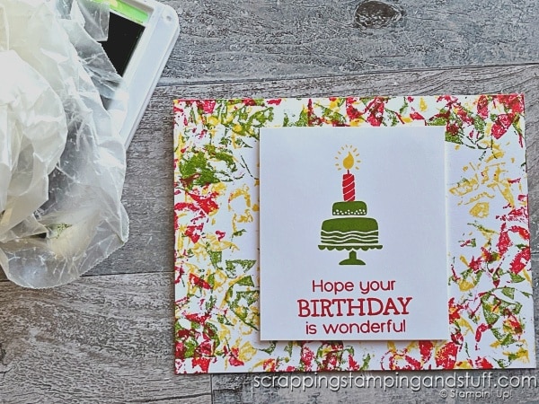 Click for a fun technique using crumpled up wax paper! Use this trick to add the appearance of texture to your projects. Samples feature the Stampin Up Hooray For Surprises bundle!