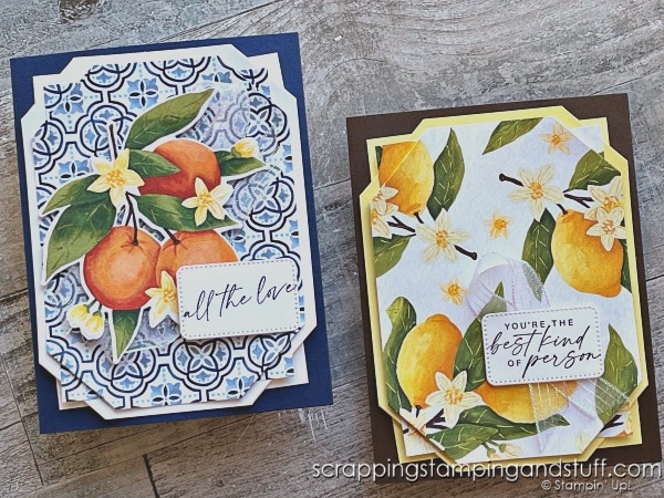 Click for a trick for making fancy corners on your card project! Try this on your next handmade card. Ideas feature the Stampin Up Citrus Blooms bundle.