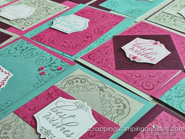 Click for tips on mass producing a big batch of cards in a short amount of time! Cards feature the beautiful Stampin Up Tiled Techniques stamp set.