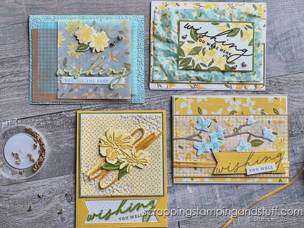 Click for ideas for using layers on your card projects, four card layouts with measurements, tips for using vellum and adhering tiny die cuts, and more!