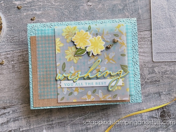 Click for ideas for using layers on your card projects, four card layouts with measurements, tips for using vellum and adhering tiny die cuts, and more!